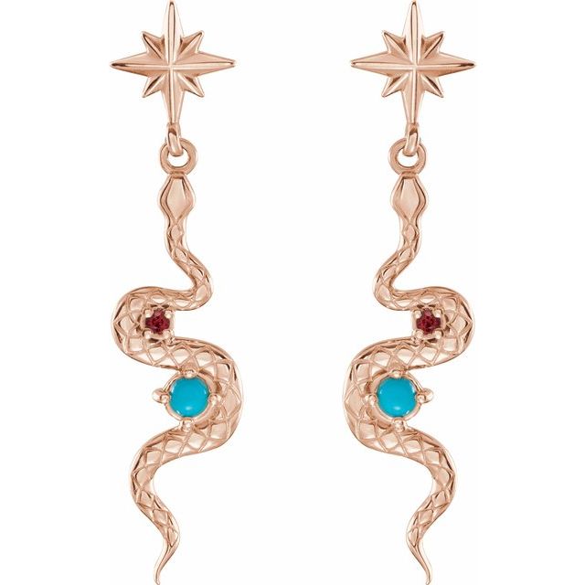 14k Gold Turquoise & Ruby Snake Earrings