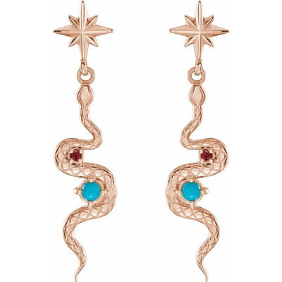 14k Gold Turquoise & Ruby Snake Earrings
