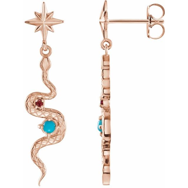 14k Gold Turquoise & Ruby Snake Earrings