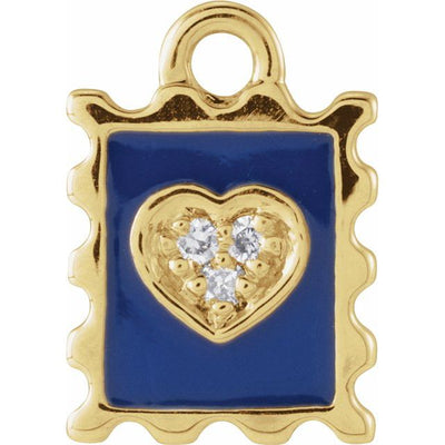 14k Gold Natural Diamond Blue Enamel Stamp Dangle