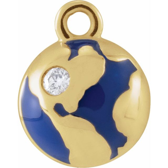 14k Gold Natural Diamond Blue Enamel Globe Dangle