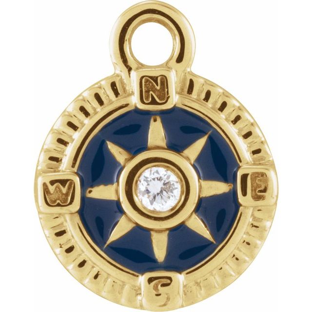 14k Gold Natural Diamond Blue Enamel Compass Dangle