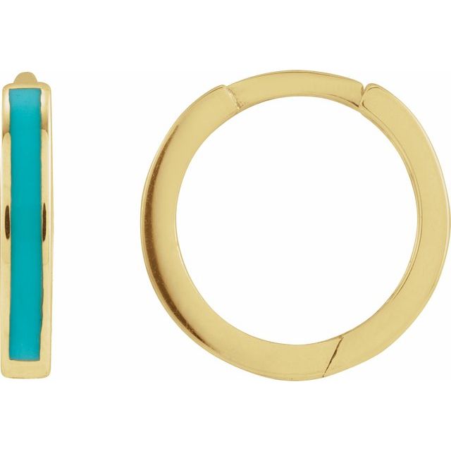 14K Gold 12mm Hinged Turquoise Enamel Huggie Hoop Earrings