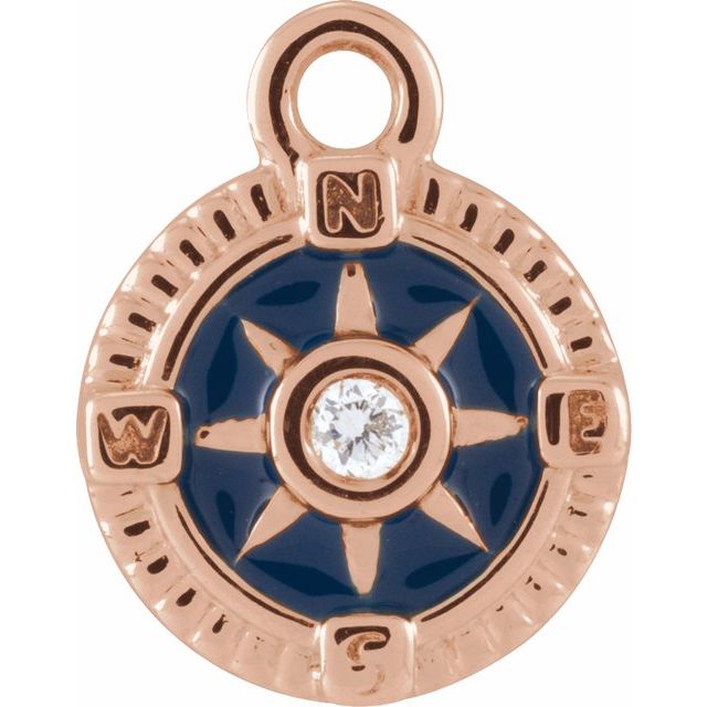 14k Gold Natural Diamond Blue Enamel Compass Dangle