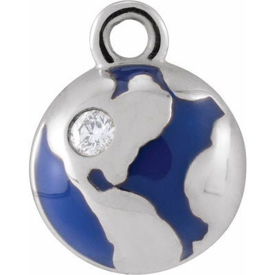14k Gold Natural Diamond Blue Enamel Globe Dangle