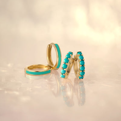 14K Gold 12mm Hinged Turquoise Enamel Huggie Hoop Earrings