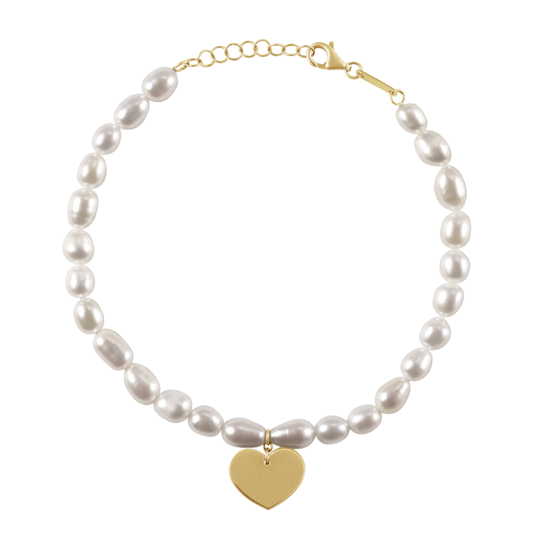 14K Gold Cultured White Freshwater Pearl & Heart 7-8" Bracelet