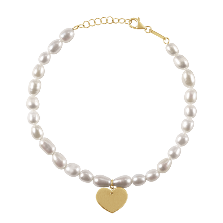 14K Gold Cultured White Freshwater Pearl & Heart 7-8" Bracelet