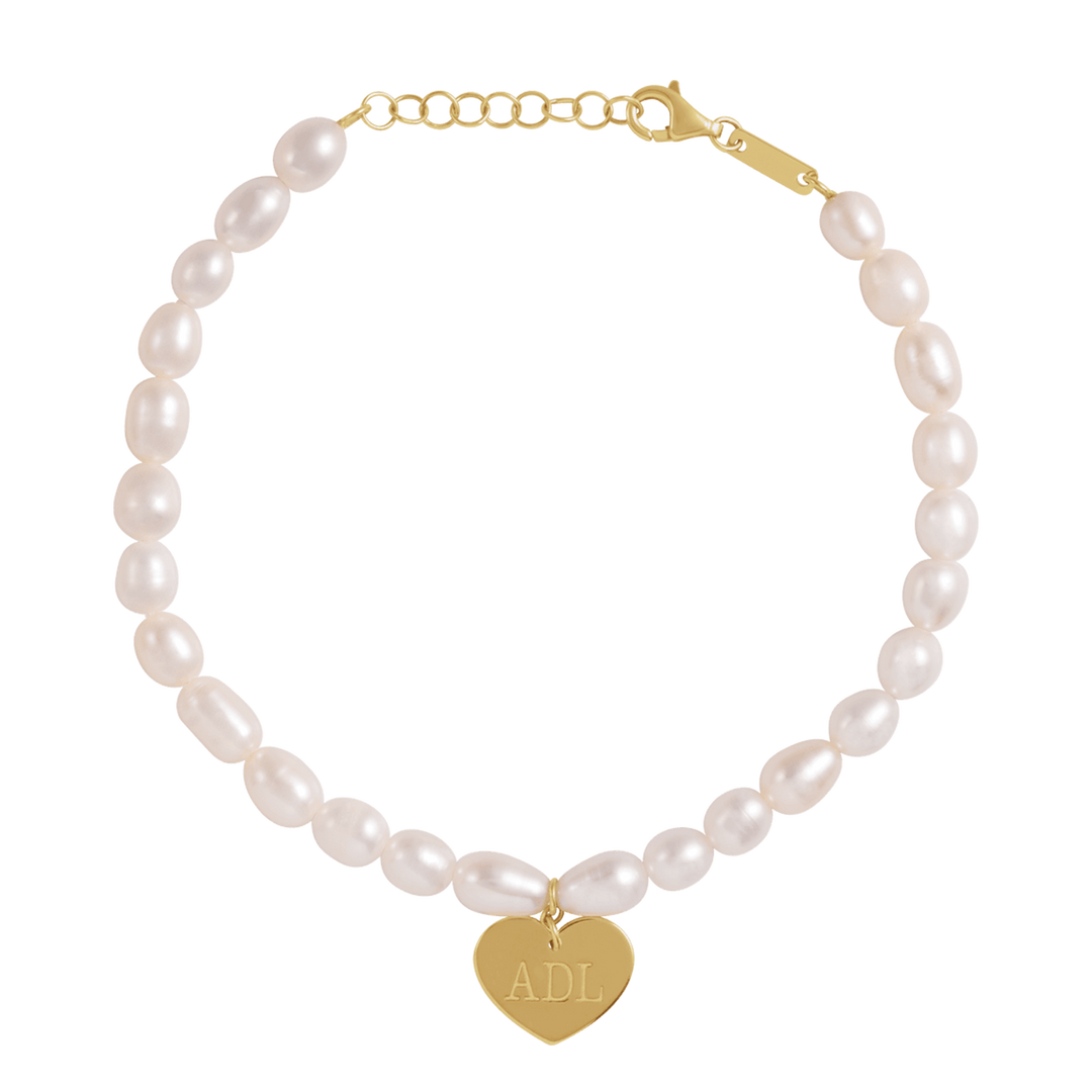 14K Gold Cultured White Freshwater Pearl & Heart 7-8" Bracelet