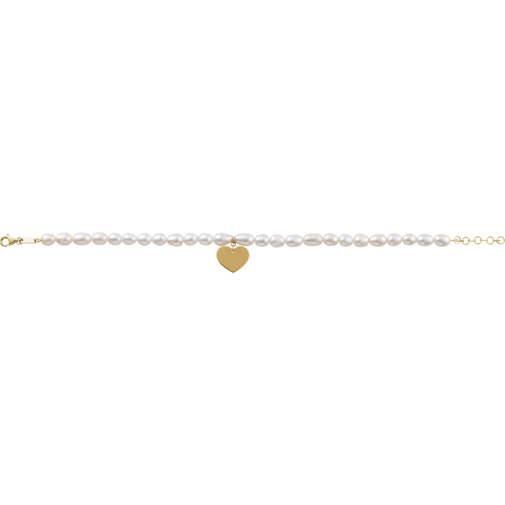 14K Gold Cultured White Freshwater Pearl & Heart 7-8" Bracelet