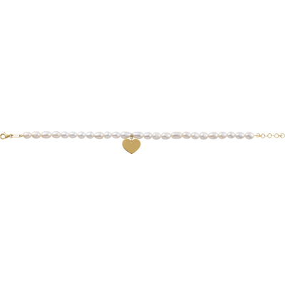 14K Gold Cultured White Freshwater Pearl & Heart 7-8" Bracelet