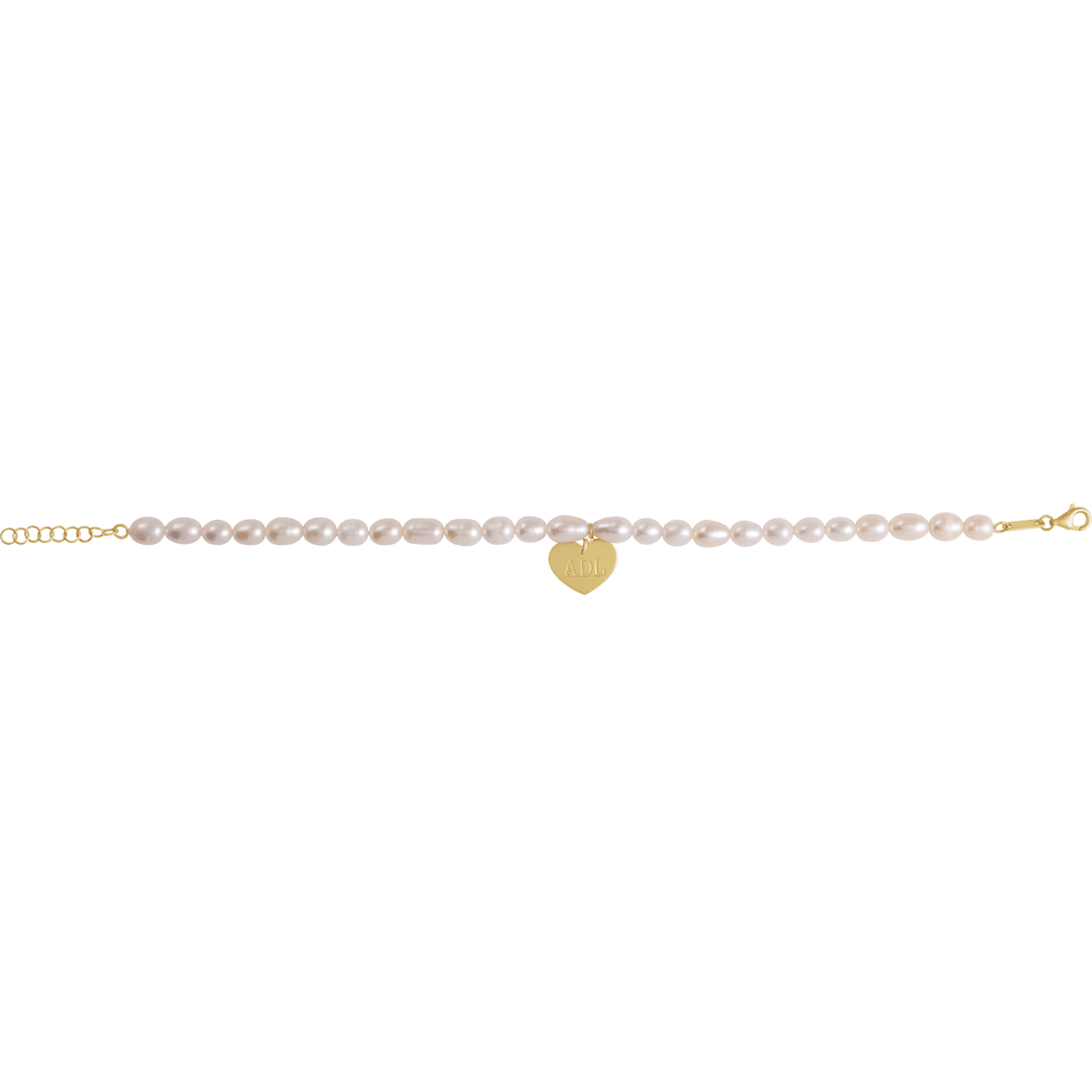 14K Gold Cultured White Freshwater Pearl & Heart 7-8" Bracelet