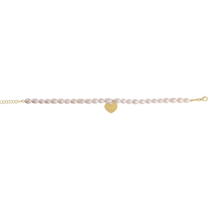 14K Gold Cultured White Freshwater Pearl & Heart 7-8" Bracelet