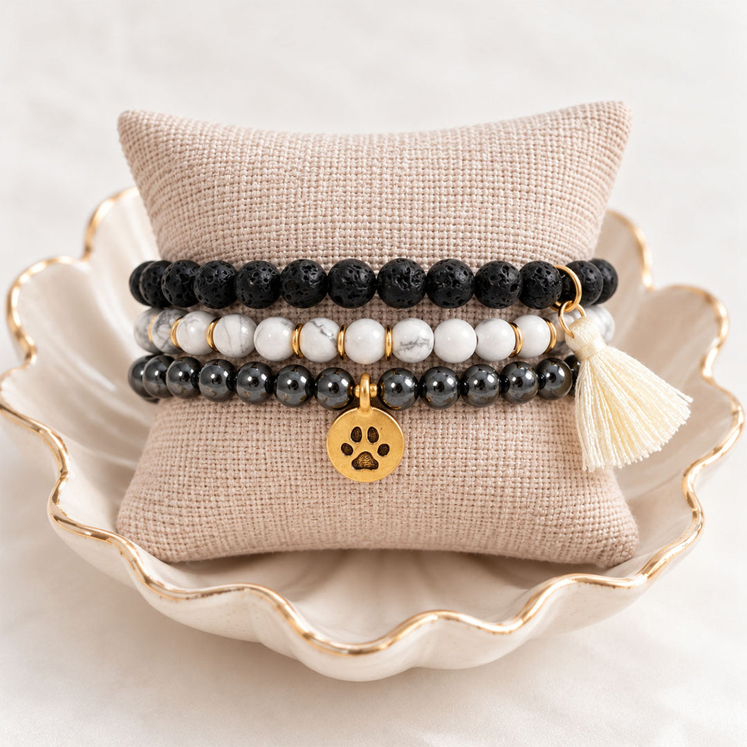 Paw Charm Gemstone Bracelet Trio | Lava Stone, Hematite & Howlite