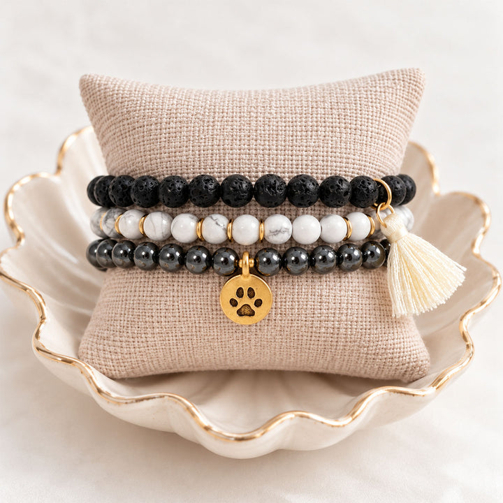 Paw Charm Gemstone Bracelet Trio | Lava Stone, Hematite & Howlite