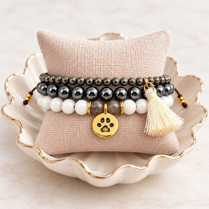 Paw Charm Gemstone Bracelet Trio | White Jade, Hematite & Pyrite