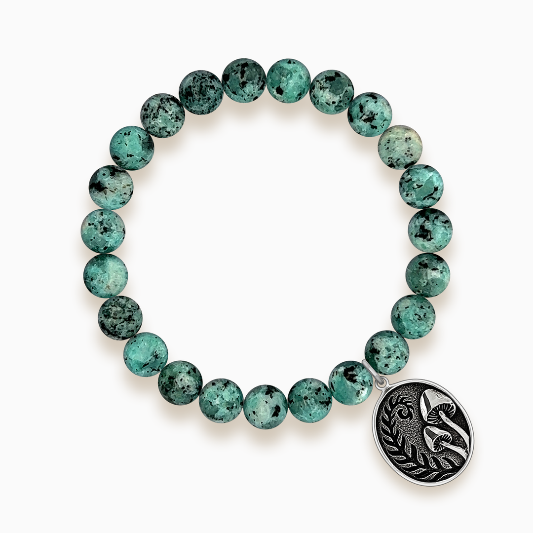 Gemstone Stacker Bracelet With Fern & Mushroom Charm