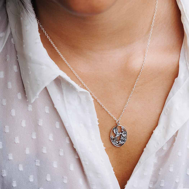 Sterling Silver Flowers and Hummingbird Pendant 29x18mm