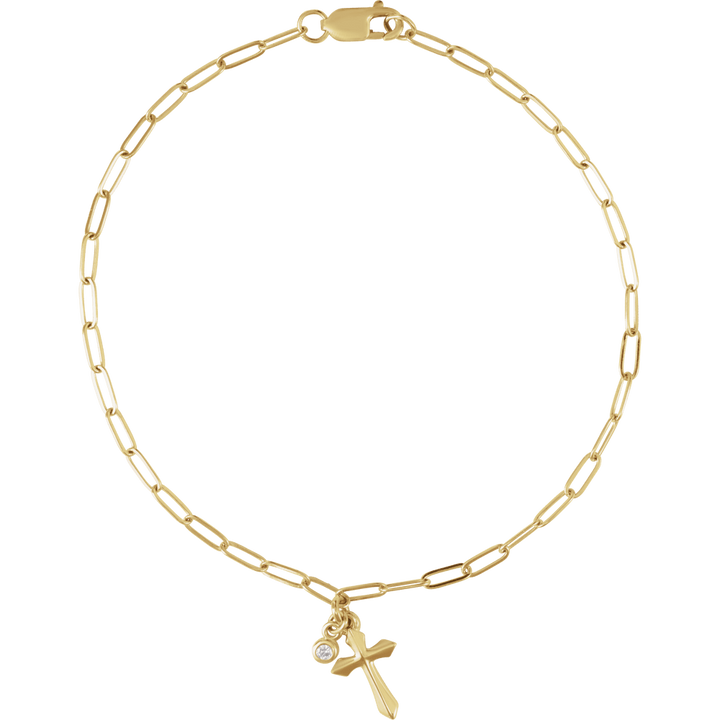 14K Gold .03 CTW Natural Diamond Cross Charm 7" Bracelet