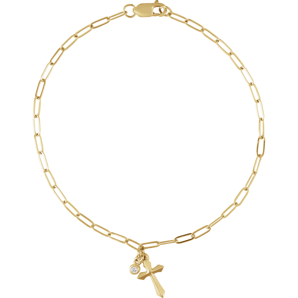 14K Gold .03 CTW Natural Diamond Cross Charm 7" Bracelet