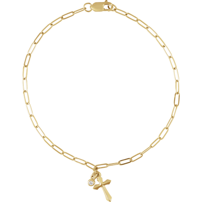 14K Gold .03 CTW Natural Diamond Cross Charm 7" Bracelet