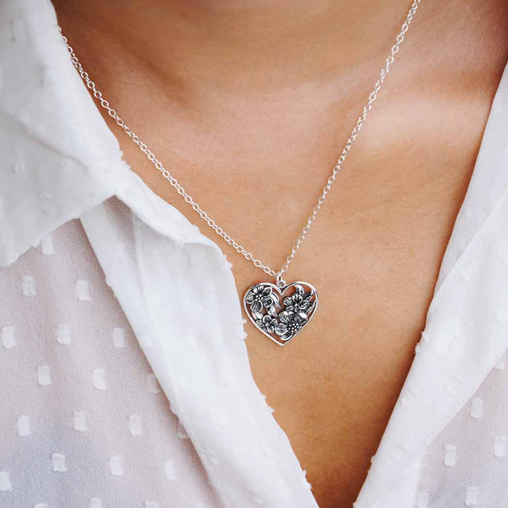 Sterling Silver Heart Pendant with Apple Blossoms 26x23mm