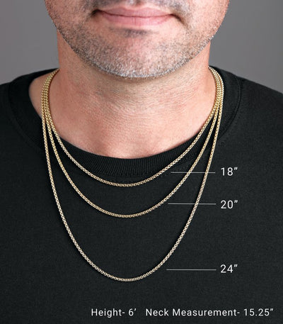 Image of a man wearing several lengths of chain. There are measurements on each, showing the length.