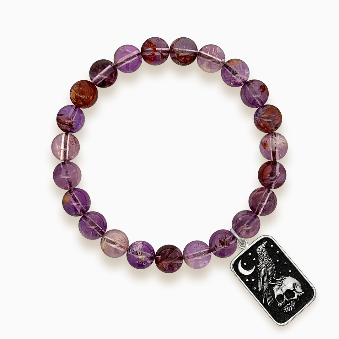 Gemstone Stacker Bracelet With Raven on Skull Charm