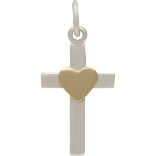 Sterling Silver Cross Charm with Bronze Heart