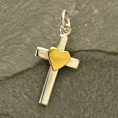 Sterling Silver Cross Charm with Bronze Heart