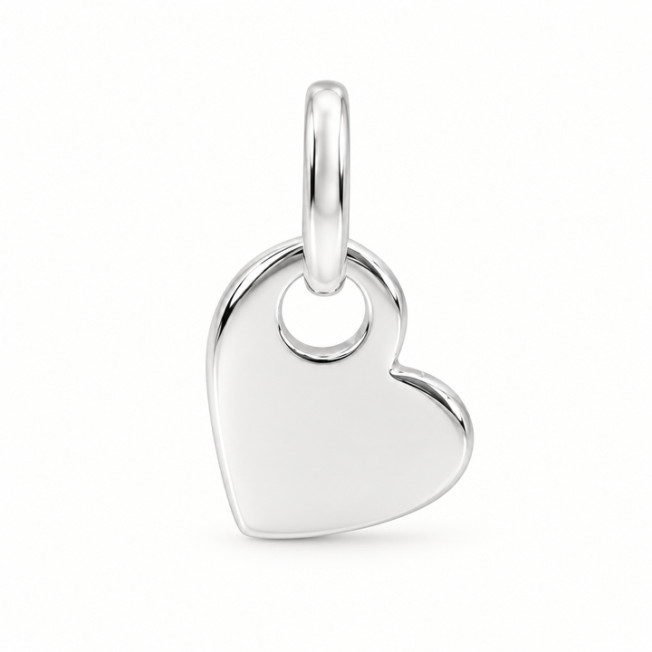 A polished sterling silver heart charm, shown on a clean white background.
