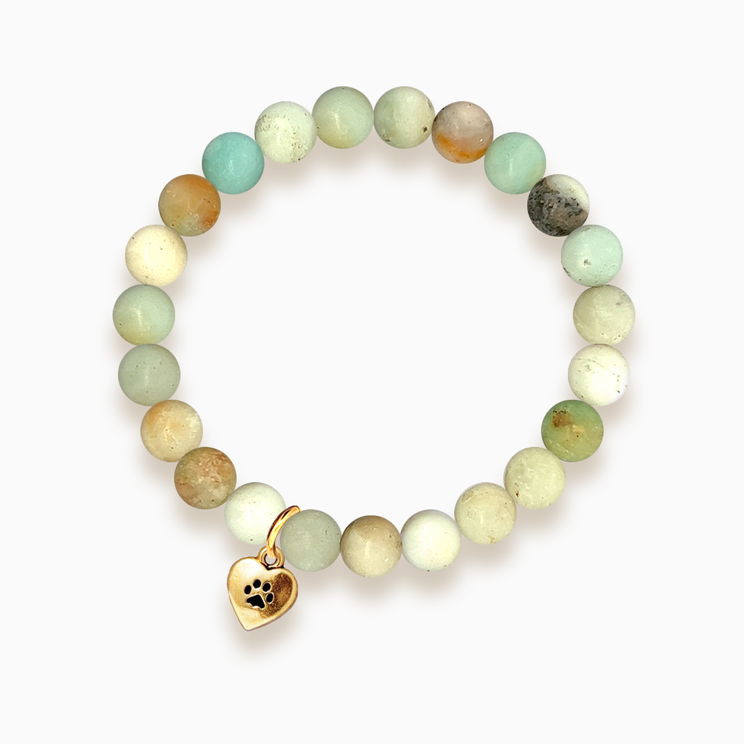 Gemstone Stacker Bracelet With Gold Plated Paw Heart Charm