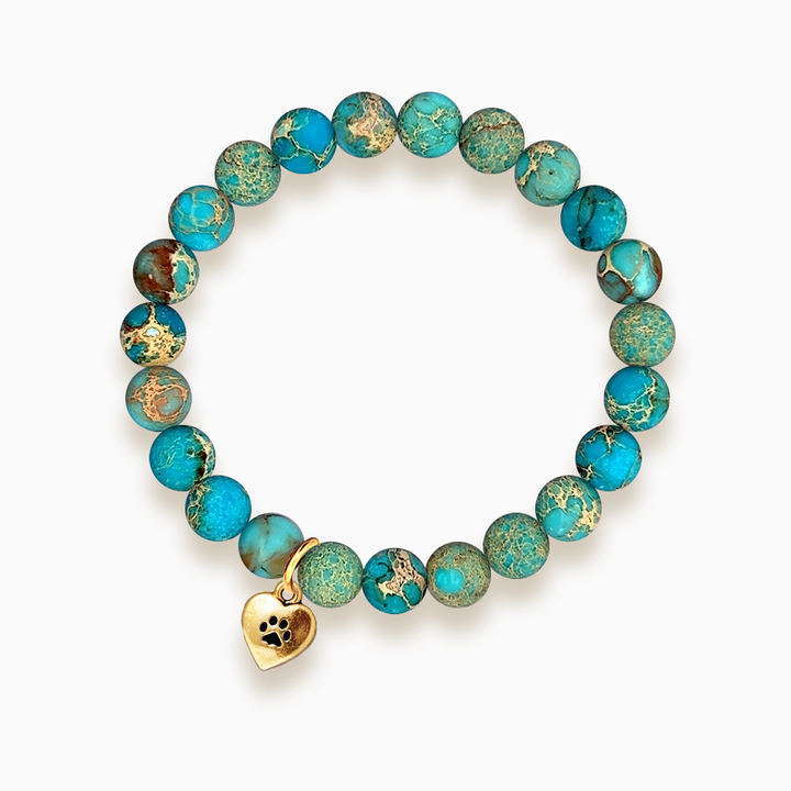 Gemstone Stacker Bracelet With Gold Plated Paw Heart Charm