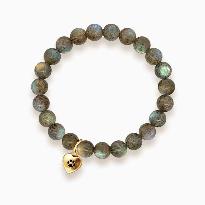 Gemstone Stacker Bracelet With Gold Plated Paw Heart Charm