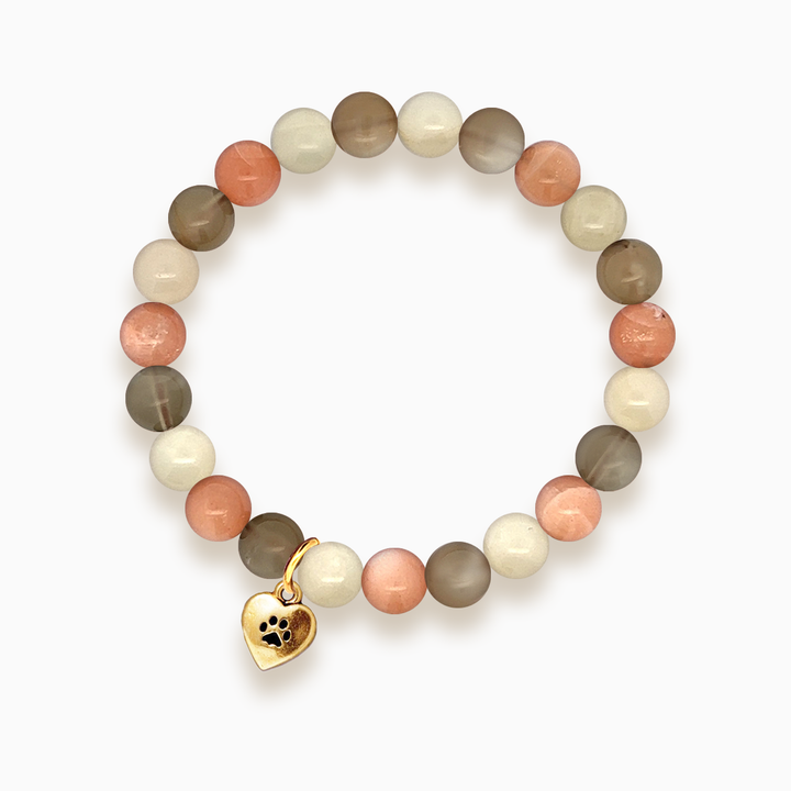 Gemstone Stacker Bracelet With Gold Plated Paw Heart Charm