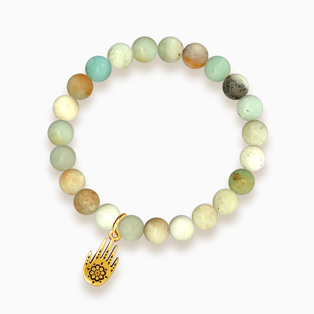 Gemstone Stacker Bracelet With Gold Plated Hamsa Hand Charm