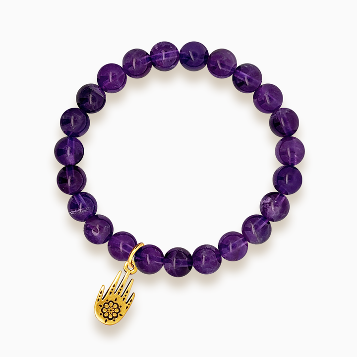 Gemstone Stacker Bracelet With Gold Plated Hamsa Hand Charm