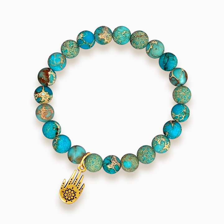 Gemstone Stacker Bracelet With Gold Plated Hamsa Hand Charm