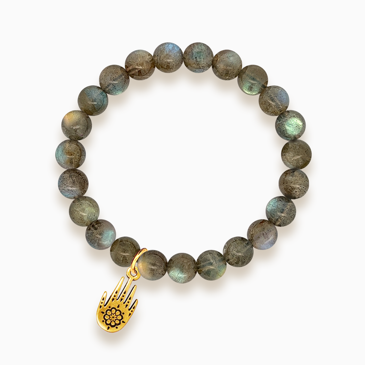 Gemstone Stacker Bracelet With Gold Plated Hamsa Hand Charm