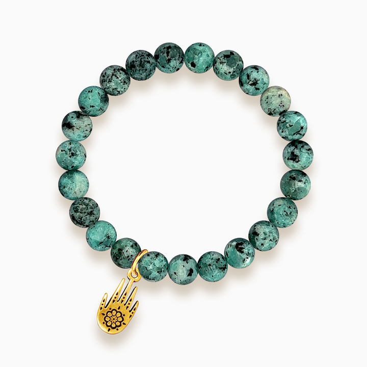 Gemstone Stacker Bracelet With Gold Plated Hamsa Hand Charm