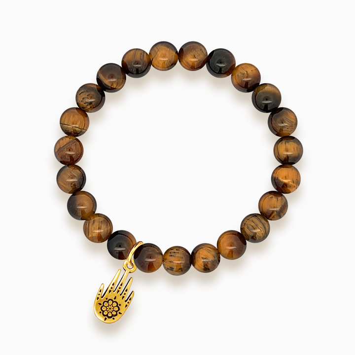 Gemstone Stacker Bracelet With Gold Plated Hamsa Hand Charm