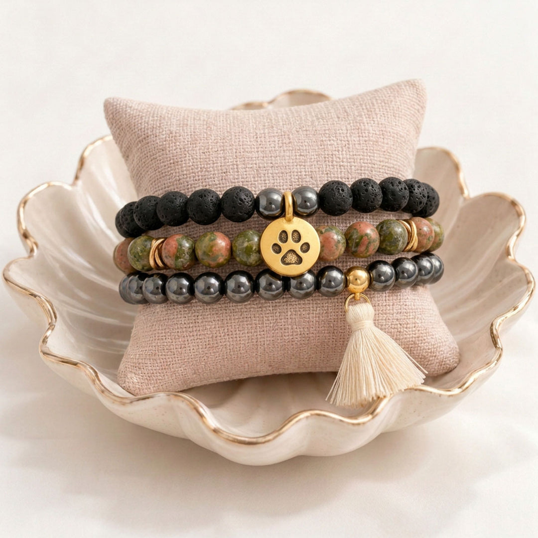 Paw Charm Gemstone Bracelet Trio | Lava Stone, Hematite & Unakite