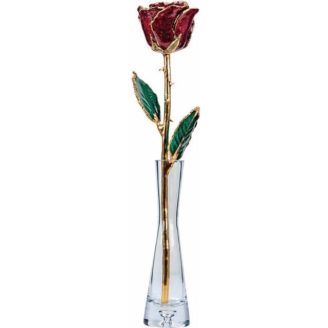 A shimmering ruby Everlasting Rose, showcasing the optional glass vase.