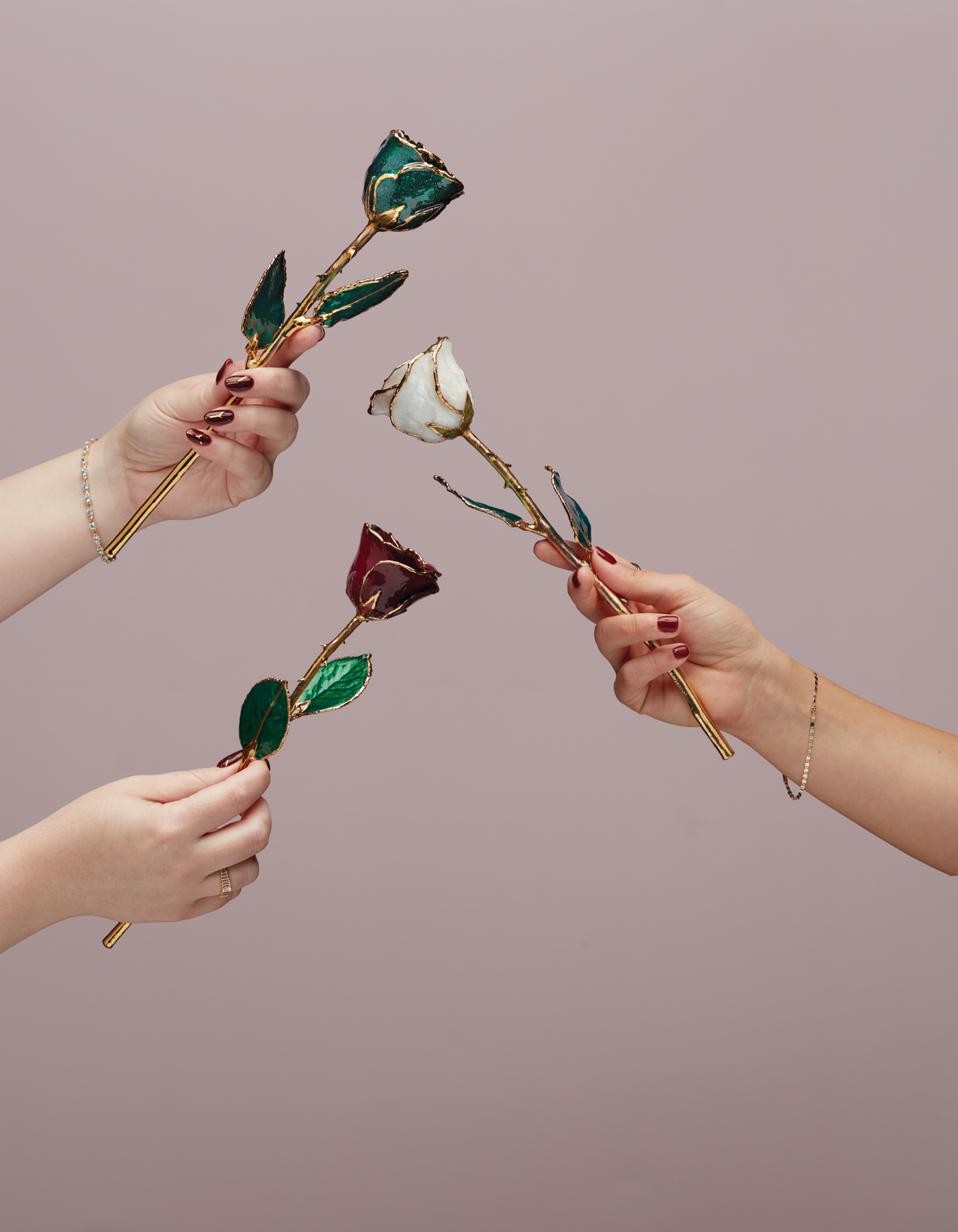 Three women's hands are shown, each holding an Everlasting Rose. They appear to be giving them to each other.