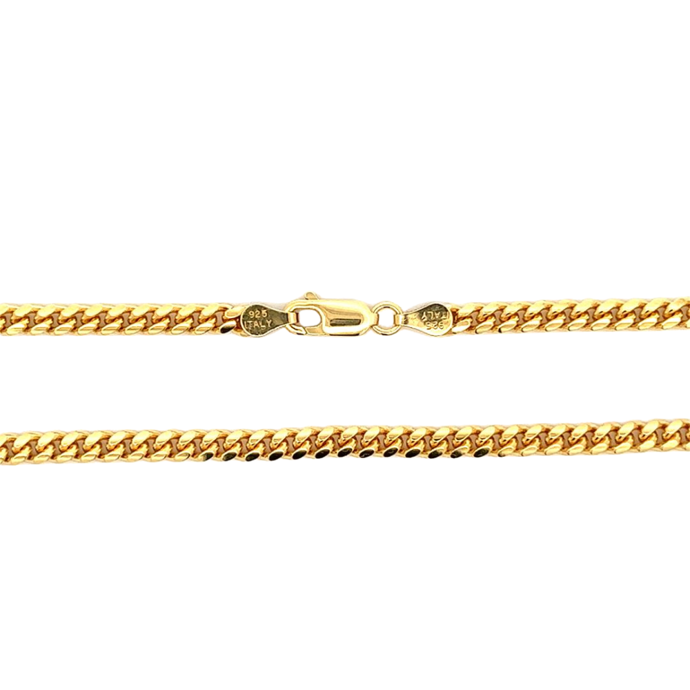 A straight section of medium gold plated sterling silver cuban chain, showing the lobster clasp of this high quality Italian chain.