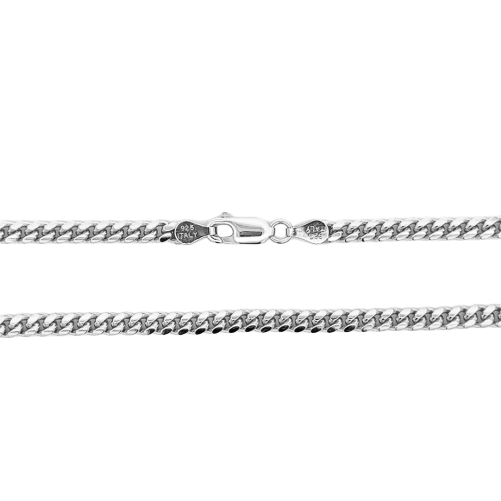 A straight section of medium rhodium plated sterling silver cuban chain, showing the lobster clasp of this high quality Italian chain.