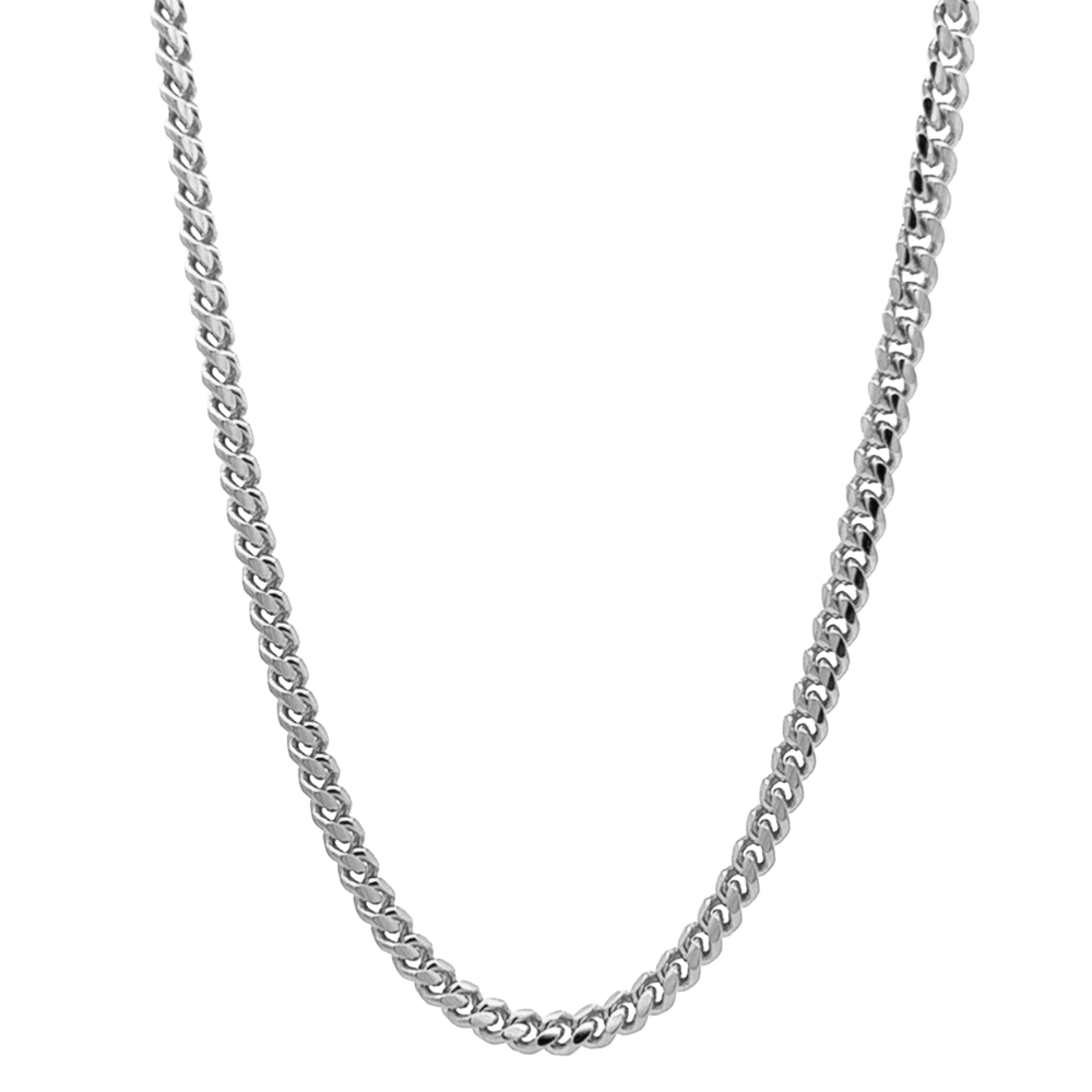 A curved section of medium rhodium plated sterling silver cuban Italian chain.