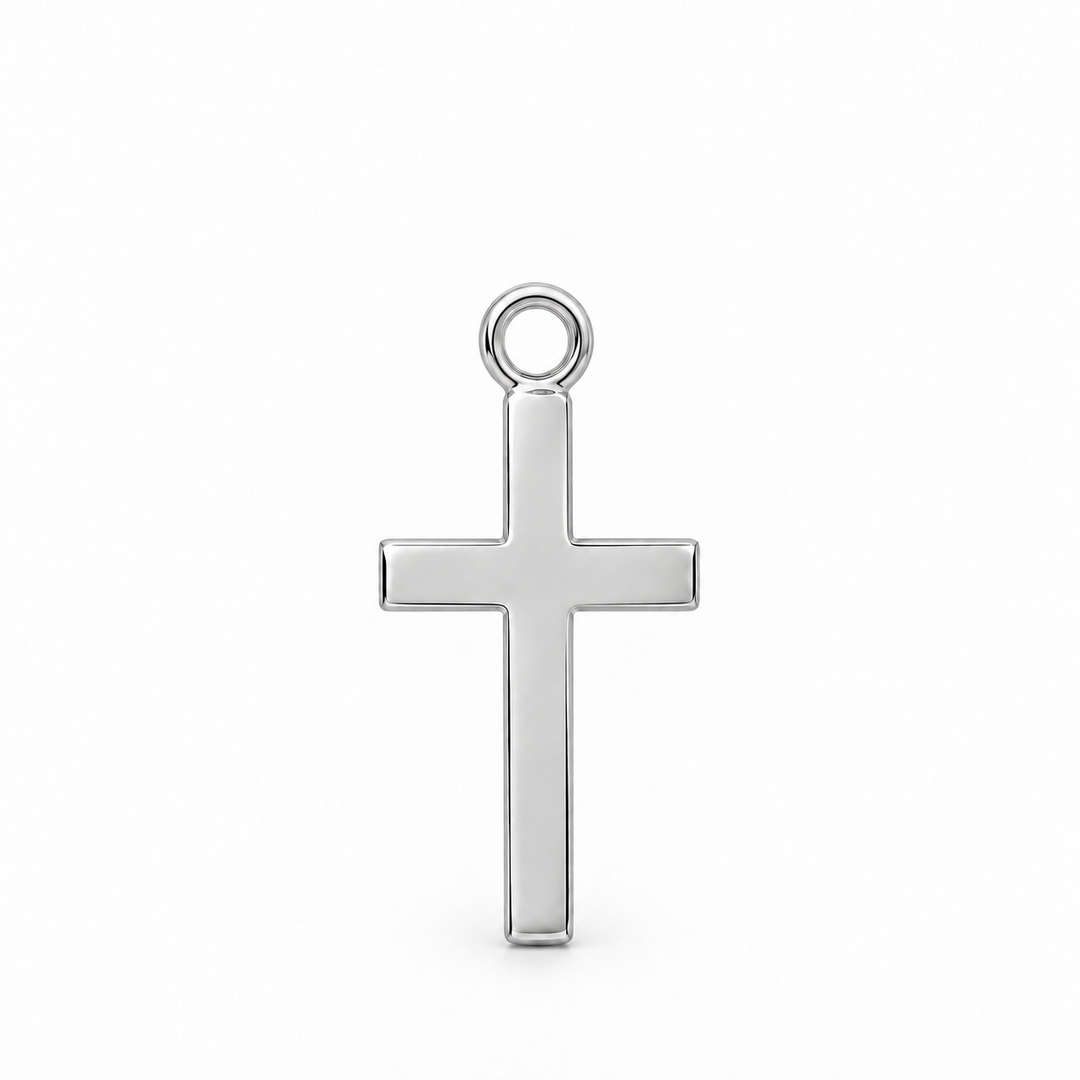 Tiny sterling silver cross dangle charm with straight edges and a small round attachment loop.