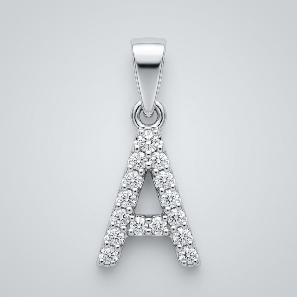A silver pendant shaped like the letter 'A', adorned with small clear cubic zirconias, shown on a light gray background.