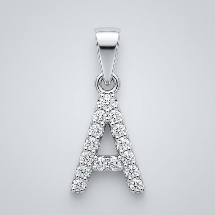 A silver pendant shaped like the letter 'A', adorned with small clear cubic zirconias, shown on a light gray background.